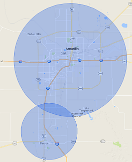 Coverage map showing areas centered on Amarillo and Canyon, TX