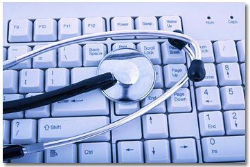 A photo of a stethoscope sitting on a keyboard